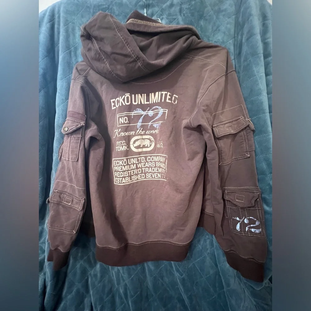 Men's Vintage Ecko Zip Hoodie with Arm Pocket Details in Brown Size XL - Picture 6 of 6